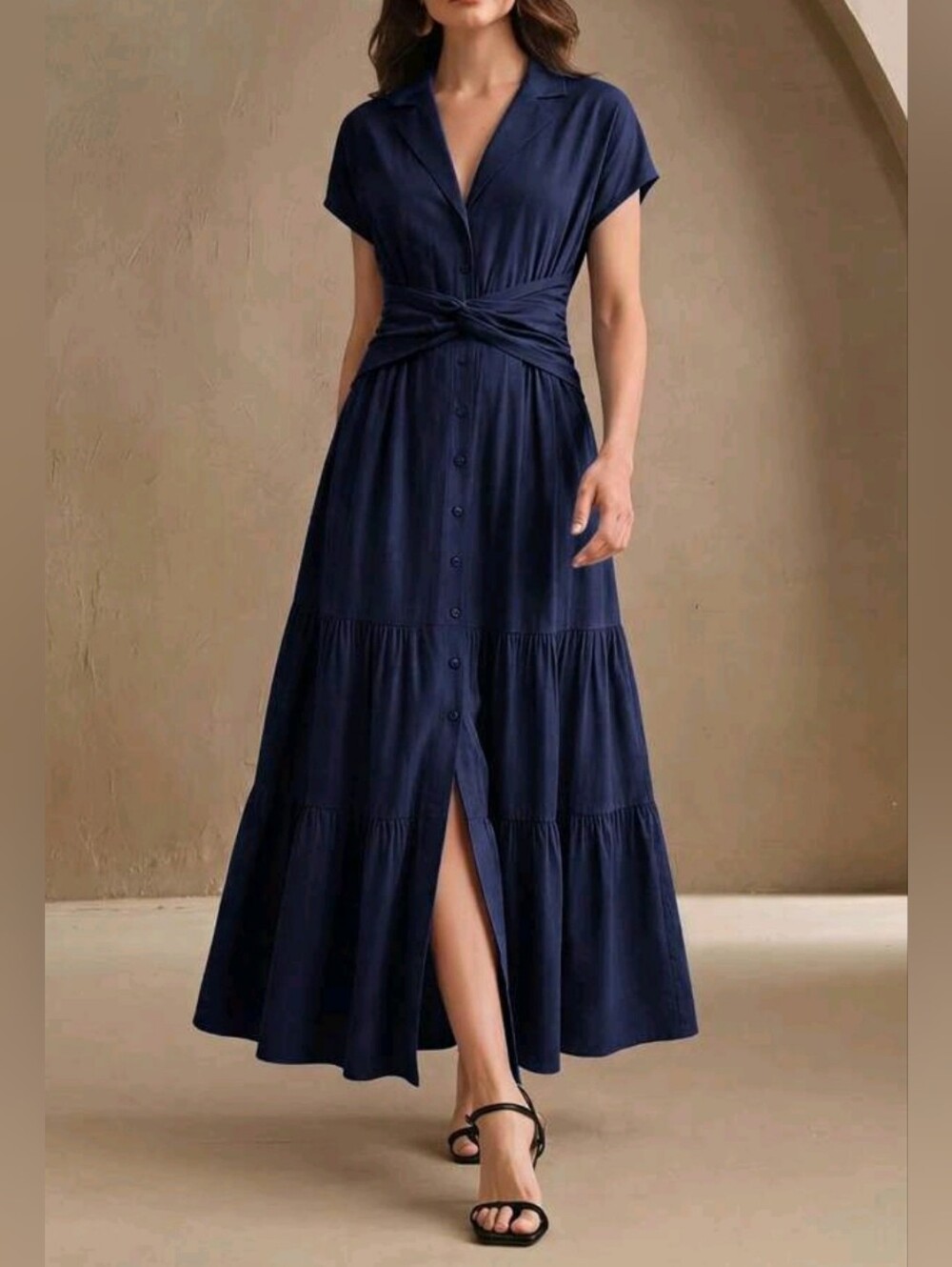 New Luxe Linen Blend Maxi Dress Short Sleeve Twist Waist Button Down Navy Blue